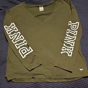 PINK Victoria's Secret Dark Green V-Neck Long Sleeve Tee